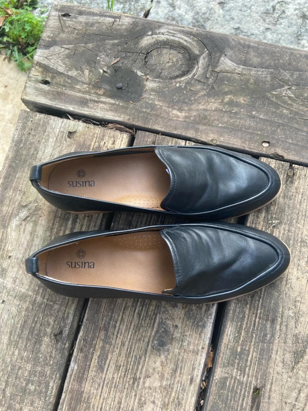 Susina Black Leather Slip-On Loafers with Tan Sole